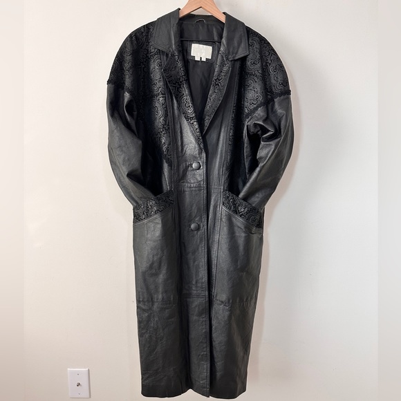 Vintage Black Contrasting Paisley Leather Panels Trench Jacket By: Studio C Sz L - Picture 4 of 12